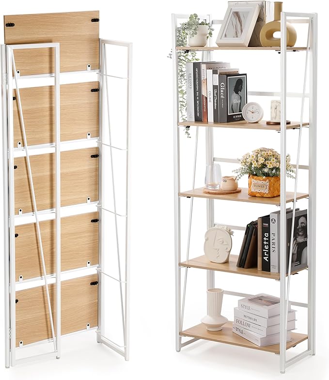 No-Assembly Folding Bookshelf Storage Shelves 5 Tiers Foldable Vintage Multifunctional Plant Flower Stand Storage Rack Shelves Bookcase for Home Office, White - LeafyLoom