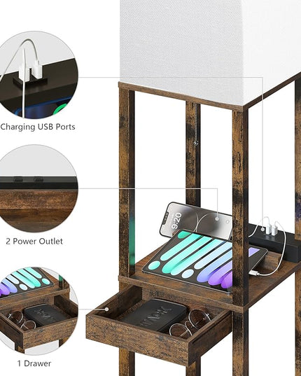SUNMORY Floor Lamp with Shelves, Modern Dimmable Standing Lamp with Drawer & 2 USB Ports & 2 Power Outlet, Corner Tall Shelf Lamp for Living Room and Bedroom (Rustic Browm) - LeafyLoom