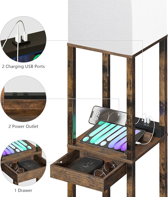 SUNMORY Floor Lamp with Shelves, Modern Dimmable Standing Lamp with Drawer & 2 USB Ports & 2 Power Outlet, Corner Tall Shelf Lamp for Living Room and Bedroom (Rustic Browm) - LeafyLoom