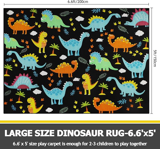 Capslpad Black Dinosaur Kids Play Rugs for Boys Bedroom Cute Cartoon Dinosaur Decor Kids Area Rug Non-Slip Washable Dinosaur Carpet Rugs for Kids Room,Playroom,Boys Bedroom,5'×6.6' - LeafyLoom