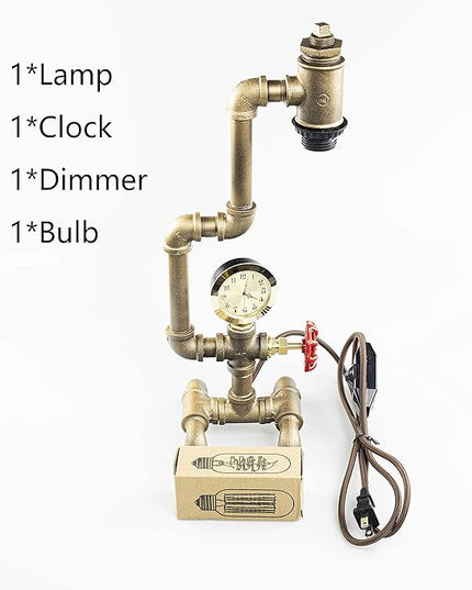 Steampunk Lamp with Dimmer, Dimmable Loft Style Industrial Vintage Antique Style Light with Bulb, Clock with Iron Piping Desk Lamp, Retro Desk Lamp LL-029 - LeafyLoom