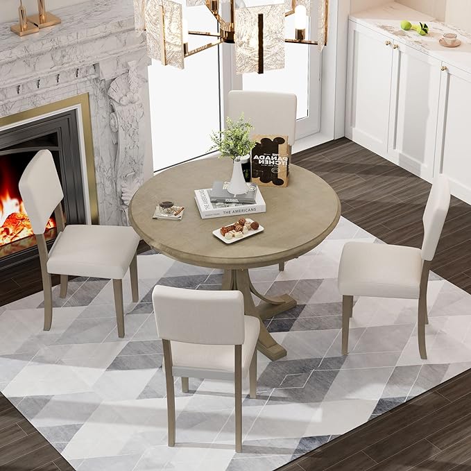 NicBex Kitchen Table Chairs Set of 4 Dining Table Set 5-Piece Retro Round Dining Table Set with Curved Trestle Style Table Legs and 4 Upholstered Chairs for Dining Room, Taupe - LeafyLoom