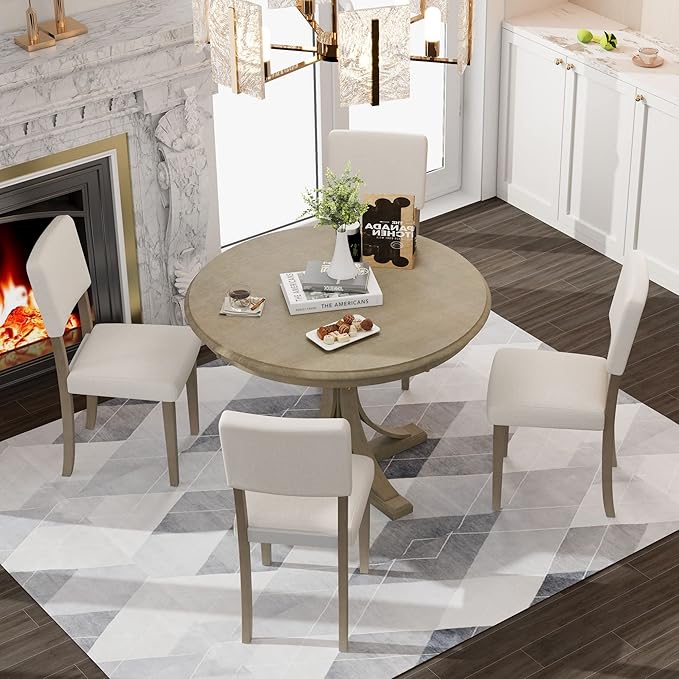 5-Piece Retro Round Dining Table Set with Curved Trestle Style Legs and 4 Upholstered Chairs for Kitchen, Breakfast Nook, Living Room, 44-inch, Taupe, 44" L x 44" W x 30.2" H - LeafyLoom