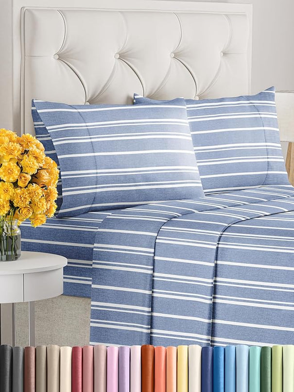 Full Size 4 Piece Sheet Set - Comfy Breathable & Cooling Sheets - Hotel Luxury Bed Sheets for Women & Men - Deep Pockets, Easy-Fit, Soft & Wrinkle Free Sheets - Blue Stripes Oeko-Tex Bed Sheet Set - LeafyLoom