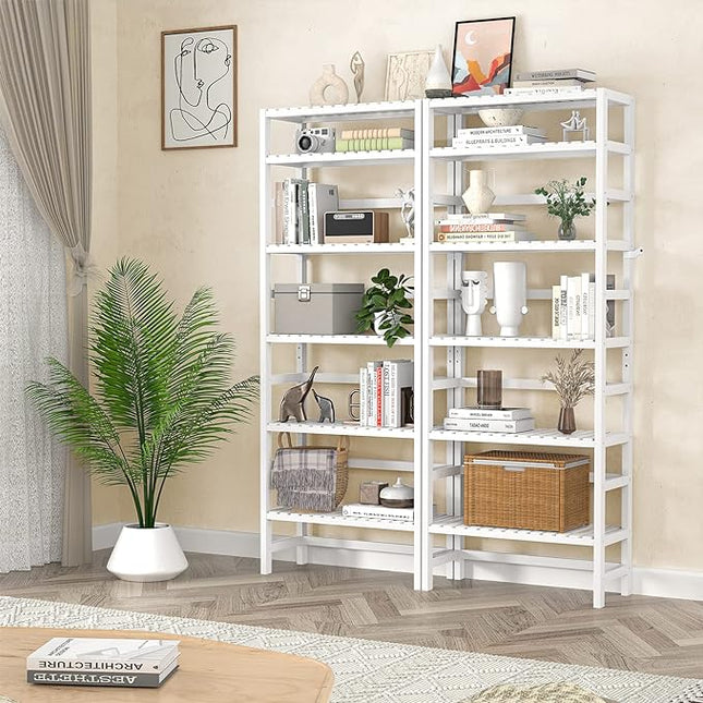 Homykic Bookshelf, 6-Tier Bamboo Adjustable 63.4” Tall Bookcase Book Shelf Organizer Free Standing Storage Shelving Unit for Living Room, Kitchen, Bedroom, Bathroom, Office, Rust Resistance, White - LeafyLoom