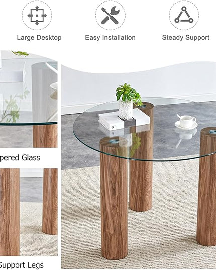 cosure 40" Glass Transparent Tempered Top,Round Dining-Table for 4 W/Wooden Legs Base,for Kitchen Living Room Gathering,in Walnut/Clear Finish - LeafyLoom