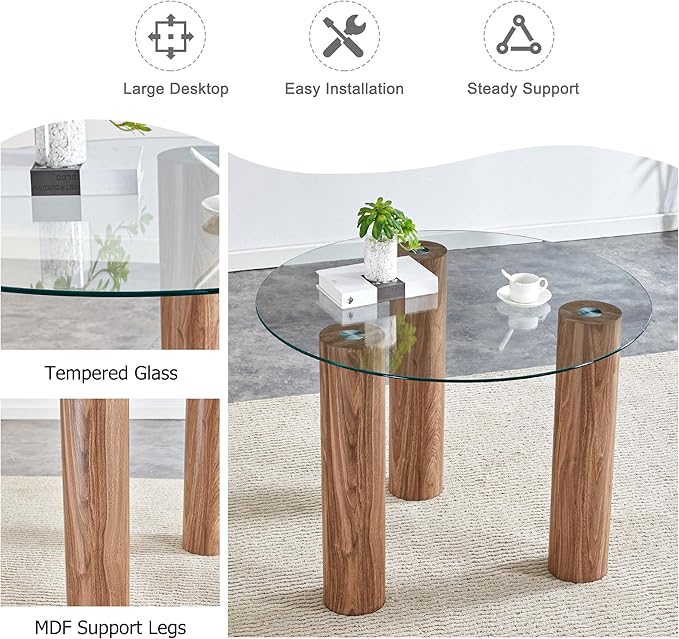 cosure 40" Glass Transparent Tempered Top,Round Dining-Table for 4 W/Wooden Legs Base,for Kitchen Living Room Gathering,in Walnut/Clear Finish - LeafyLoom