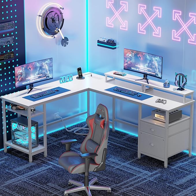 Furologee White 59” L Shaped Desk with Power Outlet, Reversible Computer Desk with File Drawer & 2 Monitor Stands, Corner Home Office Desk with Storage Shelves for Gaming Writing - LeafyLoom