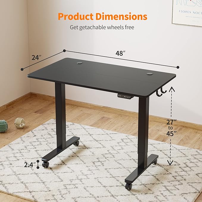 Cubiker 48 x 24 Inch Standing Desk, Stand up Height Adjustable Home Office Electric Table, Sit Stand Desk with Splice Board, Black Frame & Black Desktop - LeafyLoom