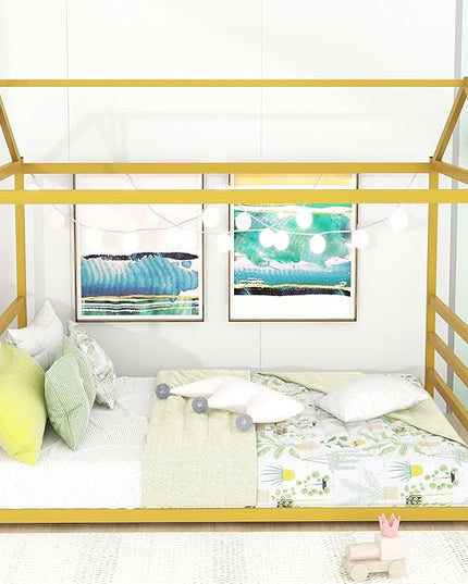 Queen Size Metal Floor Bed for Kids,Montessori Floor Bed with Roof,House Bed Frame for Boys Girls,Metal House Shape Platform Bed,Gold - LeafyLoom
