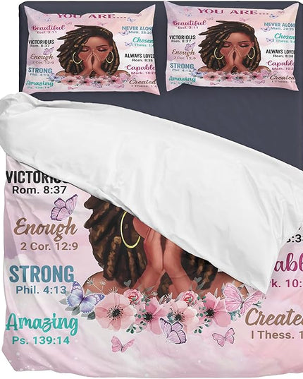 Kids Comforter Sets Queen Size, Prayer Girl and African American Girl Inspirational Quotes with Floral Butterfly, Teens Bedding Sets for Girls Women (Queen, Pink White) - LeafyLoom