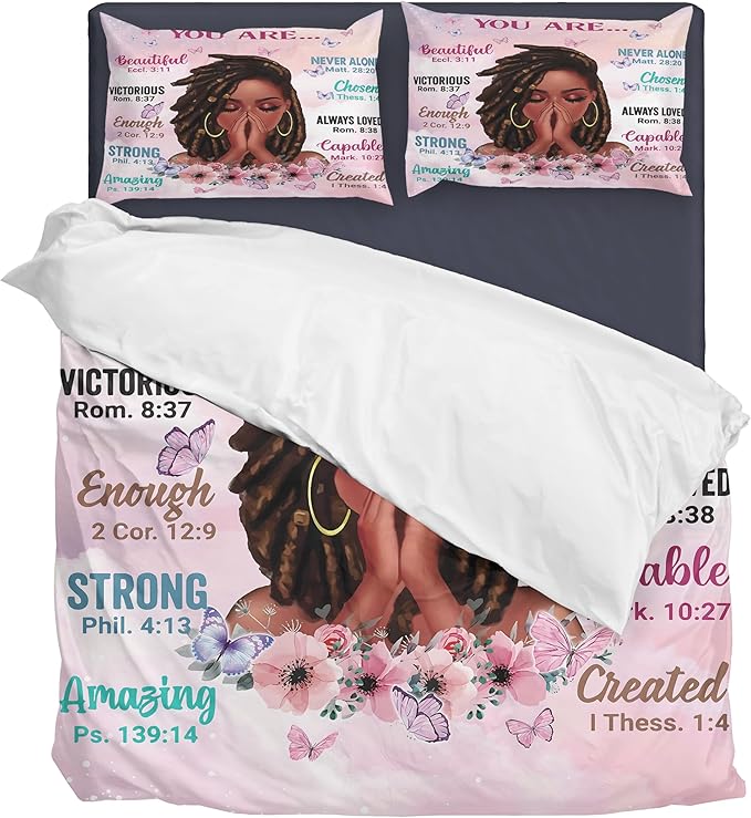 Kids Comforter Sets Queen Size, Prayer Girl and African American Girl Inspirational Quotes with Floral Butterfly, Teens Bedding Sets for Girls Women (Queen, Pink White) - LeafyLoom
