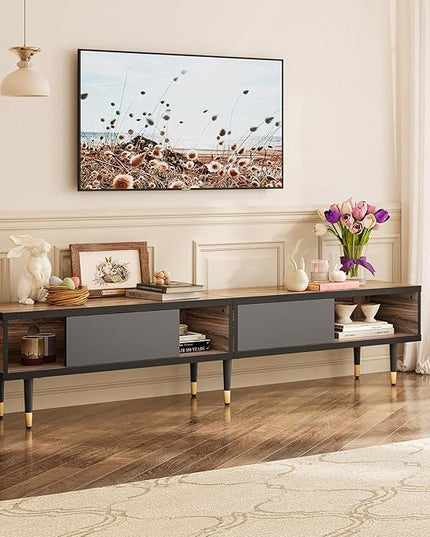 Bestier Mid Century Modern TV Stand for 85 inch tv, Entertainment Center with Storage and Sliding Doors, 2 in 1 Long TV Cabinet for Living Room, Pinewood - LeafyLoom