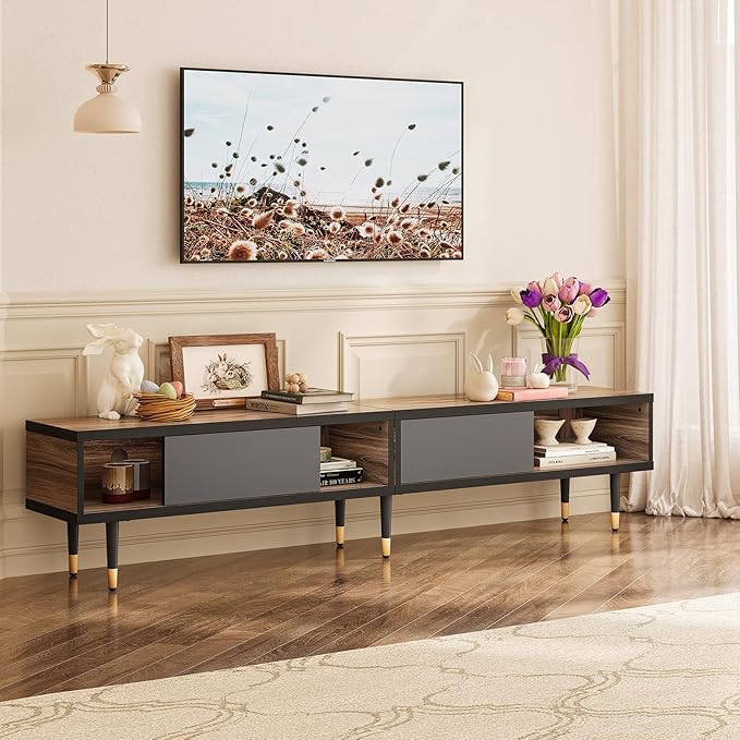 Bestier Mid Century Modern TV Stand for 85 inch tv, Entertainment Center with Storage and Sliding Doors, 2 in 1 Long TV Cabinet for Living Room, Pinewood - LeafyLoom