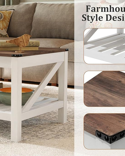 Farmhouse Coffee Table with 2-Tier Shelves - Rectangular Coffee Table with Storage for Living Room, Wood Coffee Table with Sturdy Frame, Brown - LeafyLoom