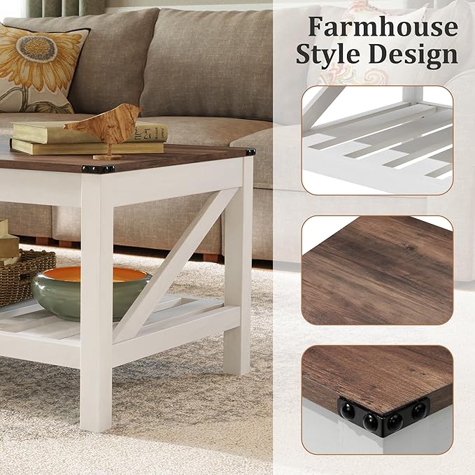 Farmhouse Coffee Table with 2-Tier Shelves - Rectangular Coffee Table with Storage for Living Room, Wood Coffee Table with Sturdy Frame, Brown - LeafyLoom