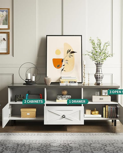 YITAHOME Mid-Century Modern TV Stand for 70/65/60/55 inch, Boho Wood TV Table Farmhouse Media Console with Storage Cabinet and Open Shelves for Living Room, Bedroom, 65 inch, White/Grey - LeafyLoom
