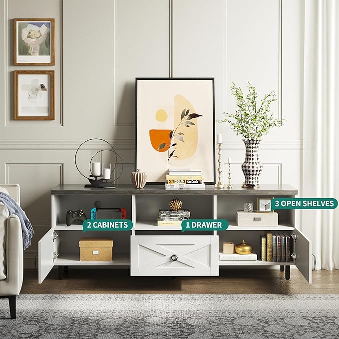 YITAHOME Mid-Century Modern TV Stand for 70/65/60/55 inch, Boho Wood TV Table Farmhouse Media Console with Storage Cabinet and Open Shelves for Living Room, Bedroom, 65 inch, White/Grey - LeafyLoom