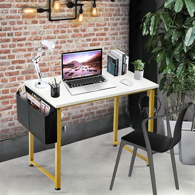 Lufeiya Small Computer Desk White Writing Table for Home Office Small Spaces 31 Inch Modern Student Study Laptop PC Desks with Gold Legs Storage Bag Headphone Hook,White Gold - LeafyLoom