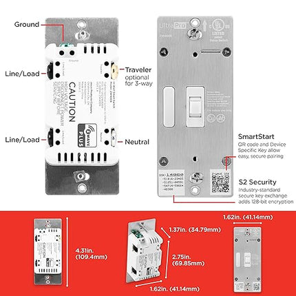 UltraPro Z-Wave Smart Light Switch, Smart Toggle Light Switch, QuickFit & SimpleWire, 3-Way Ready, Works with Alexa, Google Assistant, ZWave Hub Required, Repeater/Range Extender, White, 2 Pack, 54912 UltraPro
