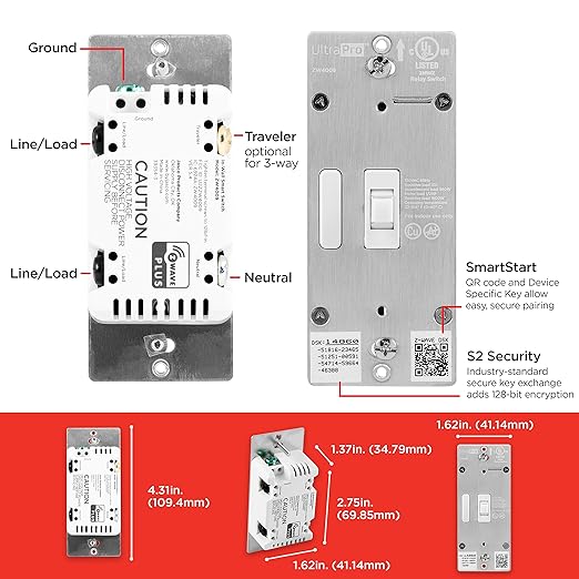 UltraPro Z-Wave Smart Light Switch, Smart Toggle Light Switch, QuickFit & SimpleWire, 3-Way Ready, Works with Alexa, Google Assistant, ZWave Hub Required, Repeater/Range Extender, White, 2 Pack, 54912 UltraPro
