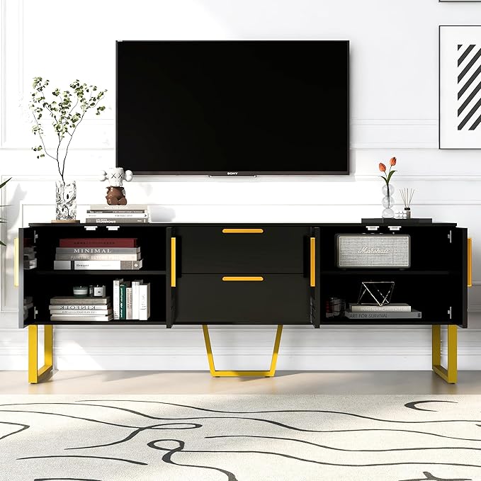 67" TV Stand with 2 Drawers and Cabinets, Modern Television Stands with Metal Legs and Handles for TVs up to 75 Inches, TV Console Table for Living room, Black - LeafyLoom