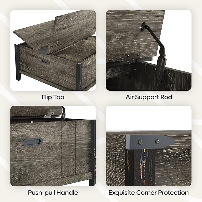 Bestier Farmhouse Coffee Table, Square Wood Center Table with Large Hidden Storage Compartment for Living Room, Rustic Cocktail Table with Hinged Lift Top for Home, Grey - LeafyLoom