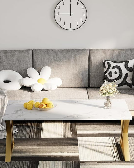 Coffee Table Living Room Table White Center Table, Simple Modern Faux Marble Rectangular Tea Table with Sturdy Gold-Finished Metal Frame,Industrial Wooden Coffee Table for Bedroom Home Office - LeafyLoom