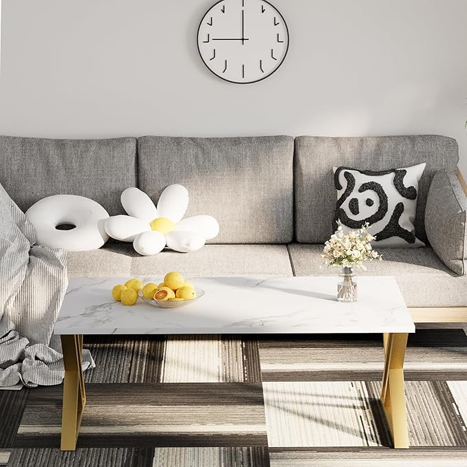 Coffee Table Living Room Table White Center Table, Simple Modern Faux Marble Rectangular Tea Table with Sturdy Gold-Finished Metal Frame,Industrial Wooden Coffee Table for Bedroom Home Office - LeafyLoom