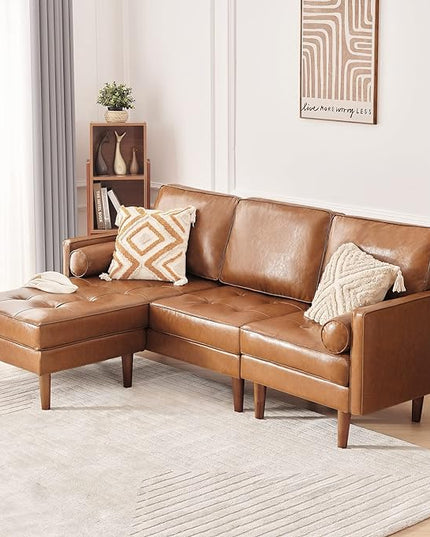 Vonanda Sectional Couch Sofa, L Shaped Couch Leather Sofa with Reversible Chaise and Bolster Pillows, Faux Leather Couch Small Couches for Living Room, Apartment and Small Space, Caramel - LeafyLoom