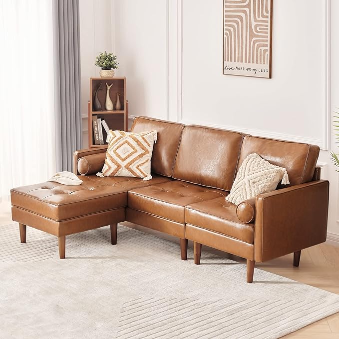 Vonanda Sectional Couch Sofa, L Shaped Couch Leather Sofa with Reversible Chaise and Bolster Pillows, Faux Leather Couch Small Couches for Living Room, Apartment and Small Space, Caramel - LeafyLoom