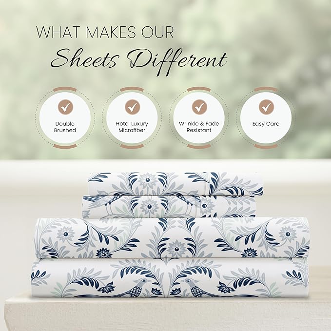 Linen Market Premium Ultra Soft Garden Estate Pattern 4 Piece Sheet Set, King, Navy, Garden Estate Navy (IEH-4PC-GDS-KING-NAVY) - LeafyLoom
