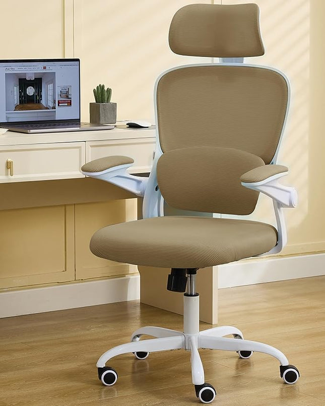 Ergonomic Office Chair with Tilt-Lock, Home Office Desk Chair with Auto Lumbar Support, High Back Mesh Desk Chair with Adjustable Headrest, Swivel Task Chair or Study Room Bedroom,Light Brown - LeafyLoom