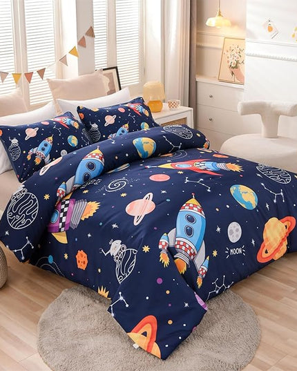Aimuan Space Bedding Set Kid Rocket Comforter Set Full Size Super Soft & Cute Aliens UFO Printed Quilt Set for Teen Boys Girls (Navy, Full) - LeafyLoom