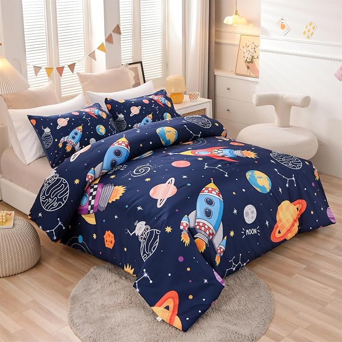 Aimuan Space Bedding Set Kid Rocket Comforter Set Full Size Super Soft & Cute Aliens UFO Printed Quilt Set for Teen Boys Girls (Navy, Full) - LeafyLoom