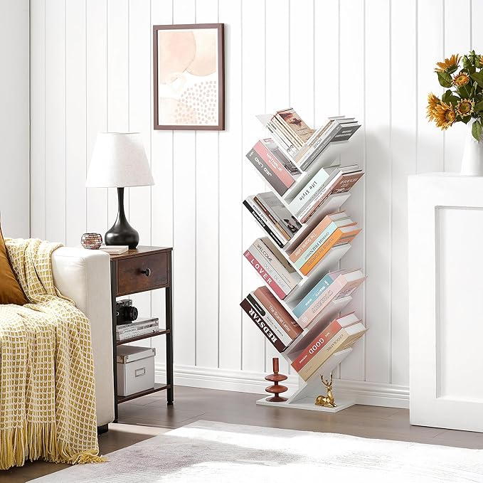 Hoctieon 10 Tier Tree Bookshelf, 10 Shelf Bookcase, Free Standing Tree Bookcase, Display Floor Standing Shelf for Books, Book Shelf Organizer, White - LeafyLoom