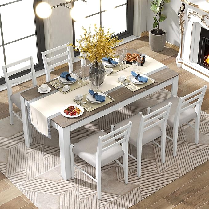 71.5 Inch Dining Table Set for 6, 7-Piece Wooden Extendable Table with 12" Leaf and 2 Drawers, 6 Dining Chairs with Soft Cushion for Dining Room, Living Room, Antique White+Brown - LeafyLoom
