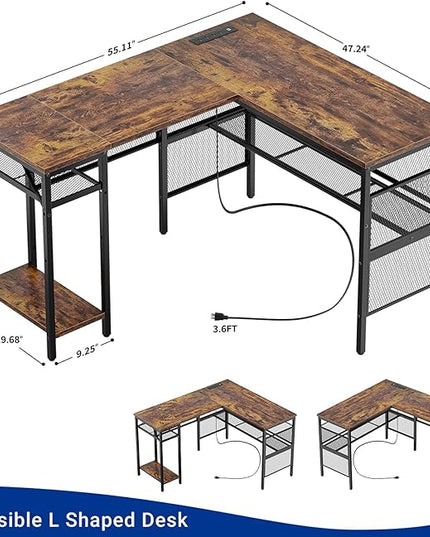Reversible L Shaped Gaming Desk with Magic Power Outlets, 55 Inch Large Corner Computer Desk, Sturdy Home Office Table with Storage Shelf, Attractive Grid Design Writing Desk, Rustic Brown - LeafyLoom