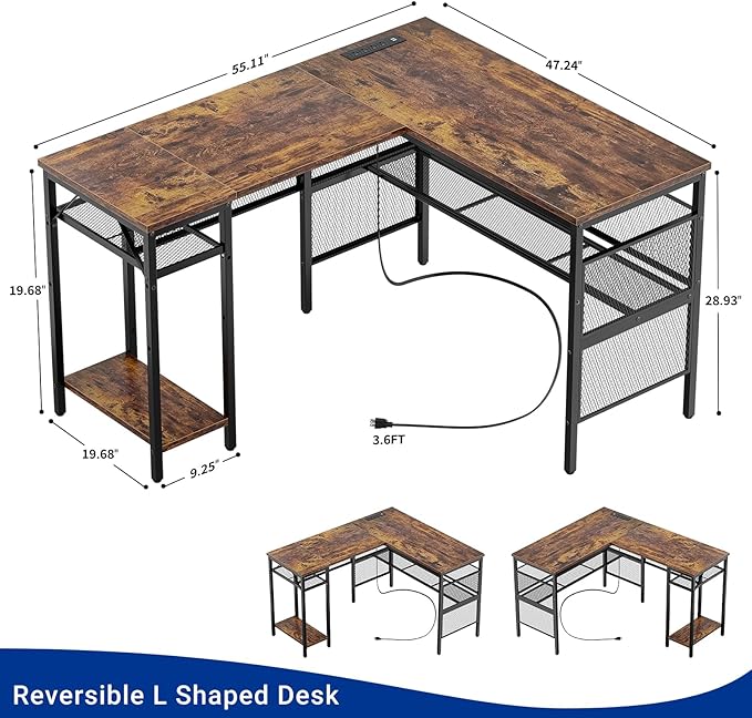Reversible L Shaped Gaming Desk with Magic Power Outlets, 55 Inch Large Corner Computer Desk, Sturdy Home Office Table with Storage Shelf, Attractive Grid Design Writing Desk, Rustic Brown - LeafyLoom