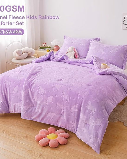 Mooreeke Full Kids Comforter Bed Set, Embossed Plush Fleece Soft & Warm 3 Piece Bed in A Bag with Shams, Velour Velvet Purple Unicorn Girls Kids Bedding Set, Fluffy Fuzzy Polar Cozy and Stylish - LeafyLoom