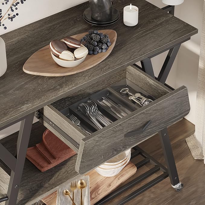Bestier Coffee Bar Station, Kitchen Island Cart with Storage, Coffee Cart with Drawer, Paper Towel Holder and Lockable Wheels, Bar Table for Dinning Room Living Room, Gray - LeafyLoom