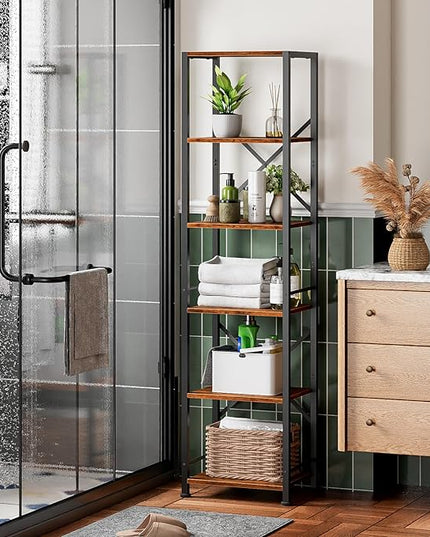 Furologee 6 Tier Tall Bookshelf, Industrial Narrow Bookcase, Display Standing Shelf Units, Metal and Wood Storage Rack Organizer for Living Room, Home Office, Entryway, Kitchen, Rustic Brown - LeafyLoom