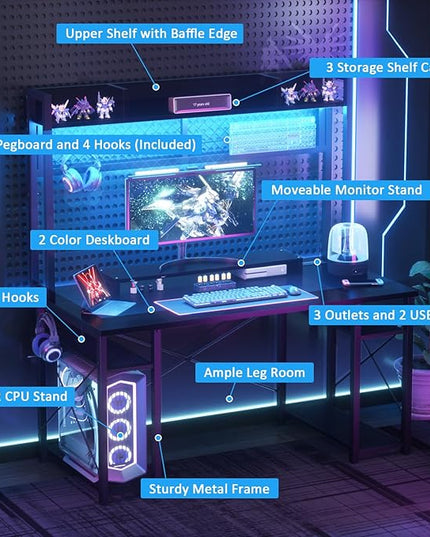 armocity 2024 Upgrade Gaming Desk with Hutch, 48'' Magic Computer Desk with LED Lights and Outlets, Reversible Workstation Desk with Pegboard and Monitor Stand, 48 Gamer Desk PC Table, Black - LeafyLoom