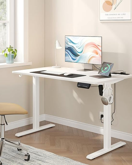 JOISCOPE Height Adjustable Electric Standing Desk with Power Outlets, 55 x 24 Inch Sit Stand Desk for Small Space Home Office, White - LeafyLoom