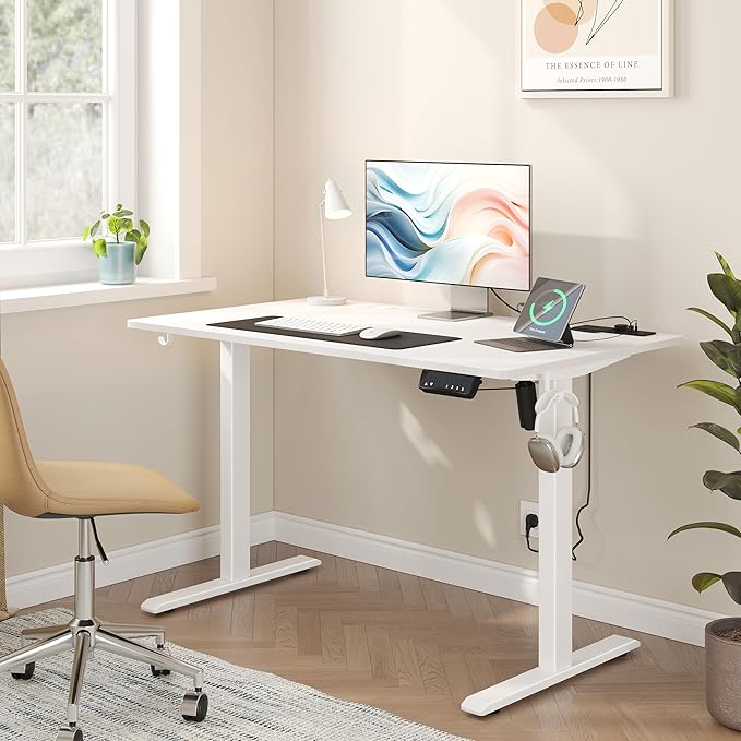 JOISCOPE Height Adjustable Electric Standing Desk with Power Outlets, 55 x 24 Inch Sit Stand Desk for Small Space Home Office, White - LeafyLoom