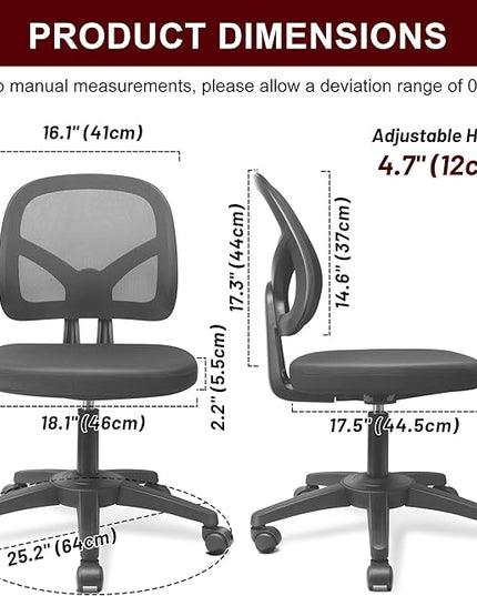 KOLLIEE Armless Mesh Office Chair Ergonomic Small Desk Chair No Arms Black Swivel Computer Chair with Wheels Task Chair for Small Spaces Mid Back Home Office Chair for Adults and Kids - LeafyLoom