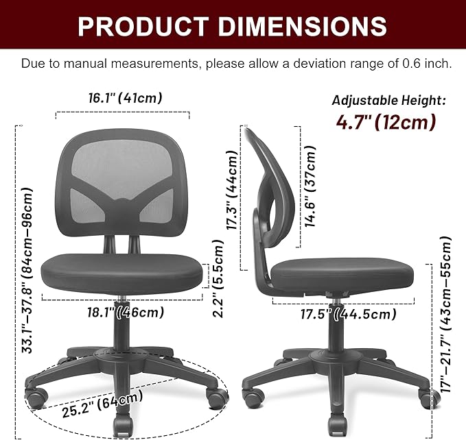 KOLLIEE Armless Mesh Office Chair Ergonomic Small Desk Chair No Arms Black Swivel Computer Chair with Wheels Task Chair for Small Spaces Mid Back Home Office Chair for Adults and Kids - LeafyLoom