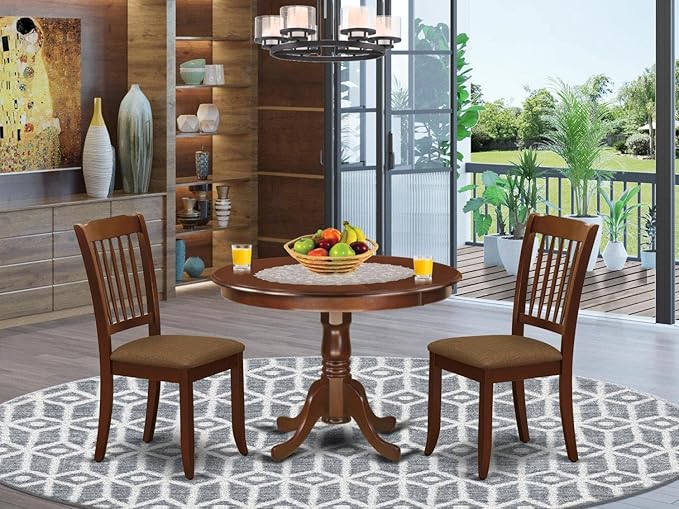 East West Furniture HLDA3-MAH-C 3 Piece Dining Room Table Set Contains a Round Kitchen Table with Pedestal and 2 Linen Fabric Upholstered Dining Chairs, 42x42 Inch, Mahogany - LeafyLoom