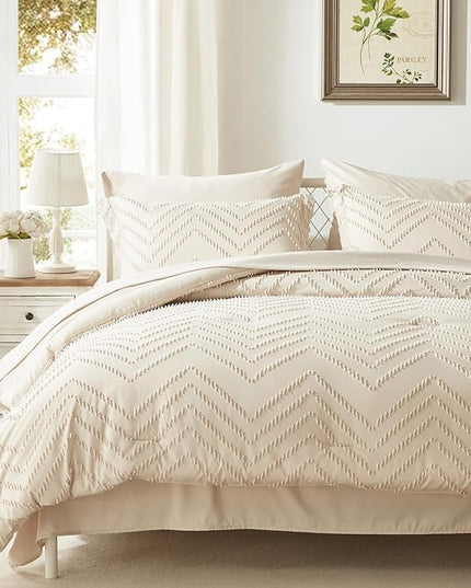 Anluoer Full Comforter Set, Beige Tufted Bed in a Bag 7 Pieces with comforters and sheets, All Season Bedding Sets with 1 Comforter, 2 PillowShams, 2 Pillowcases, 1 Flat Sheet, 1 Fitted Sheet - LeafyLoom