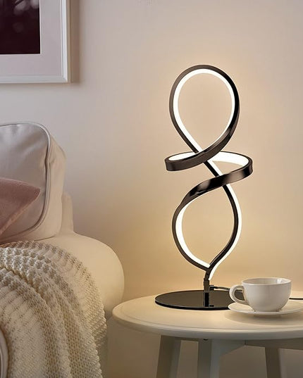 Modern Table Lamp, LED Spiral Lamp, Black Bedside Lamp with Stepless Dimming Switch, Contemporary Nightstand Lamp, LED Lamp for Bedroom Living Room Home Office, 12W, 3200K Warm White - LeafyLoom